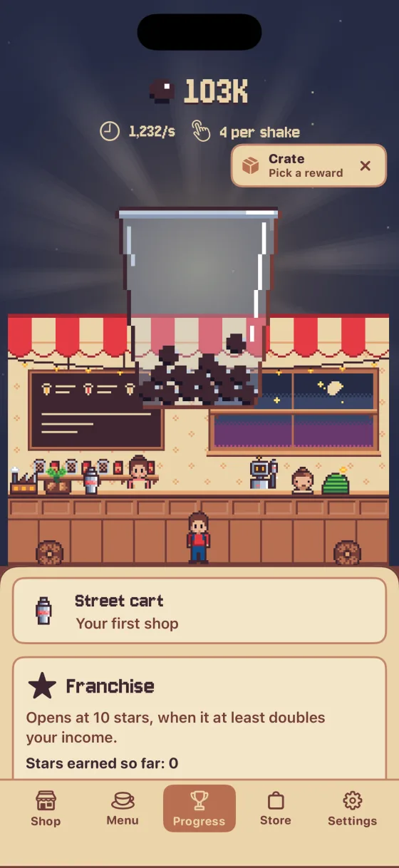 Start over stronger. The Progress tab showing the street cart and Franchise, which opens at 10 stars.
