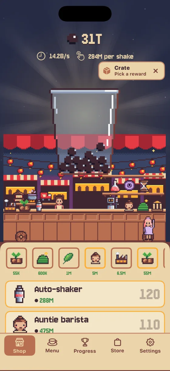 A shop that grows with every tap. A busy night market cafe with 31T cups, buildings for sale and a giant cup full of pearls.